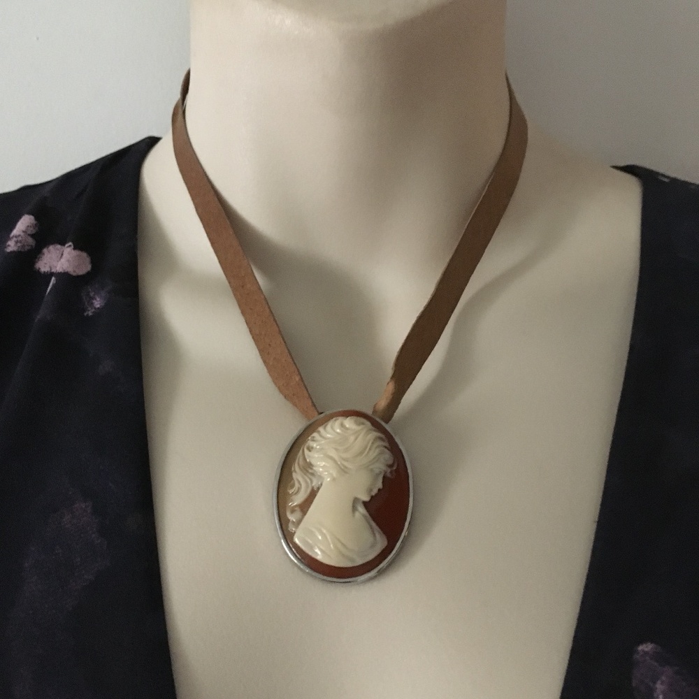 Vintage Large Cameo on a Leather Strap Necklace